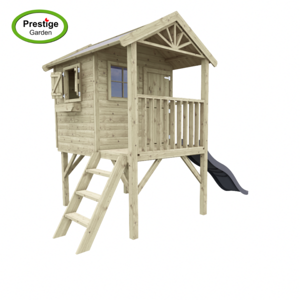 Houten speelhuis Funny XL met aanbouwschommel dubbel en glijbaan - Prestige Garden - Afbeelding 5