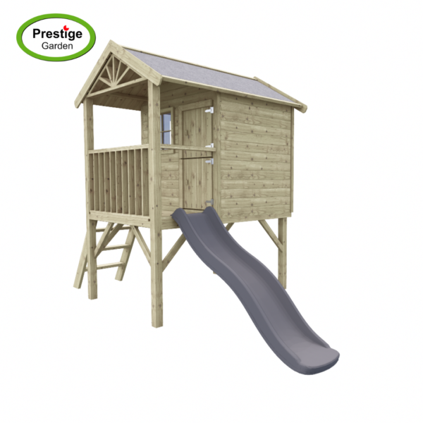 Houten speelhuis Funny XL met aanbouwschommel dubbel en glijbaan - Prestige Garden - Afbeelding 4